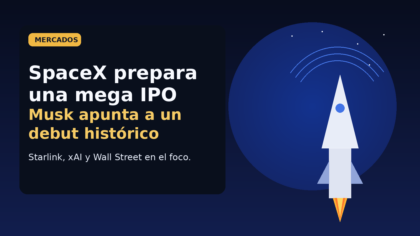 Ilustración de un cohete y un titular sobre la posible salida a bolsa histórica de SpaceX en Wall Street.